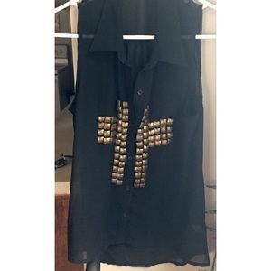 Sheer Black Gold-Embellished Cross Top