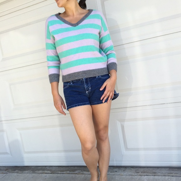 Victoria's Secret Green Grey Stripe Cashmere Sweater