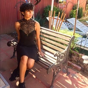 Black Crochet High Collar High-Low Dress