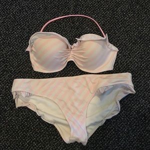 Victoria's Secret pink white striped ruffle bikini