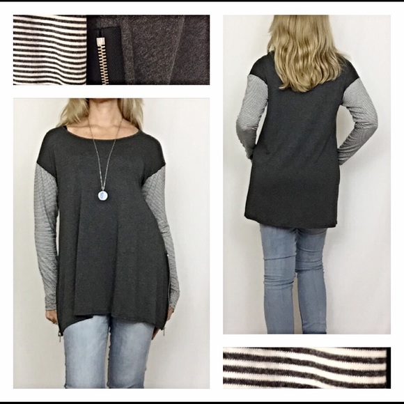 Gray & White Striped sleeve zip side Tunic Top Med - Picture 2 of 4