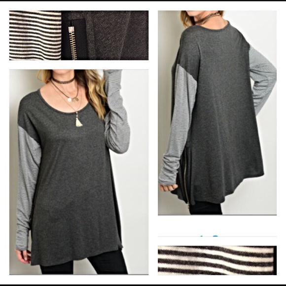 Gray & White Striped sleeve zip side Tunic Top Med - Picture 3 of 4