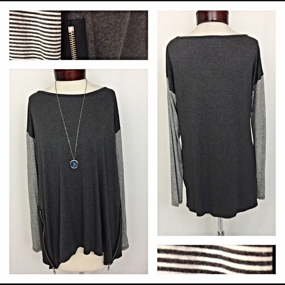 Gray & White Striped sleeve zip side Tunic Top Med - Picture 4 of 4