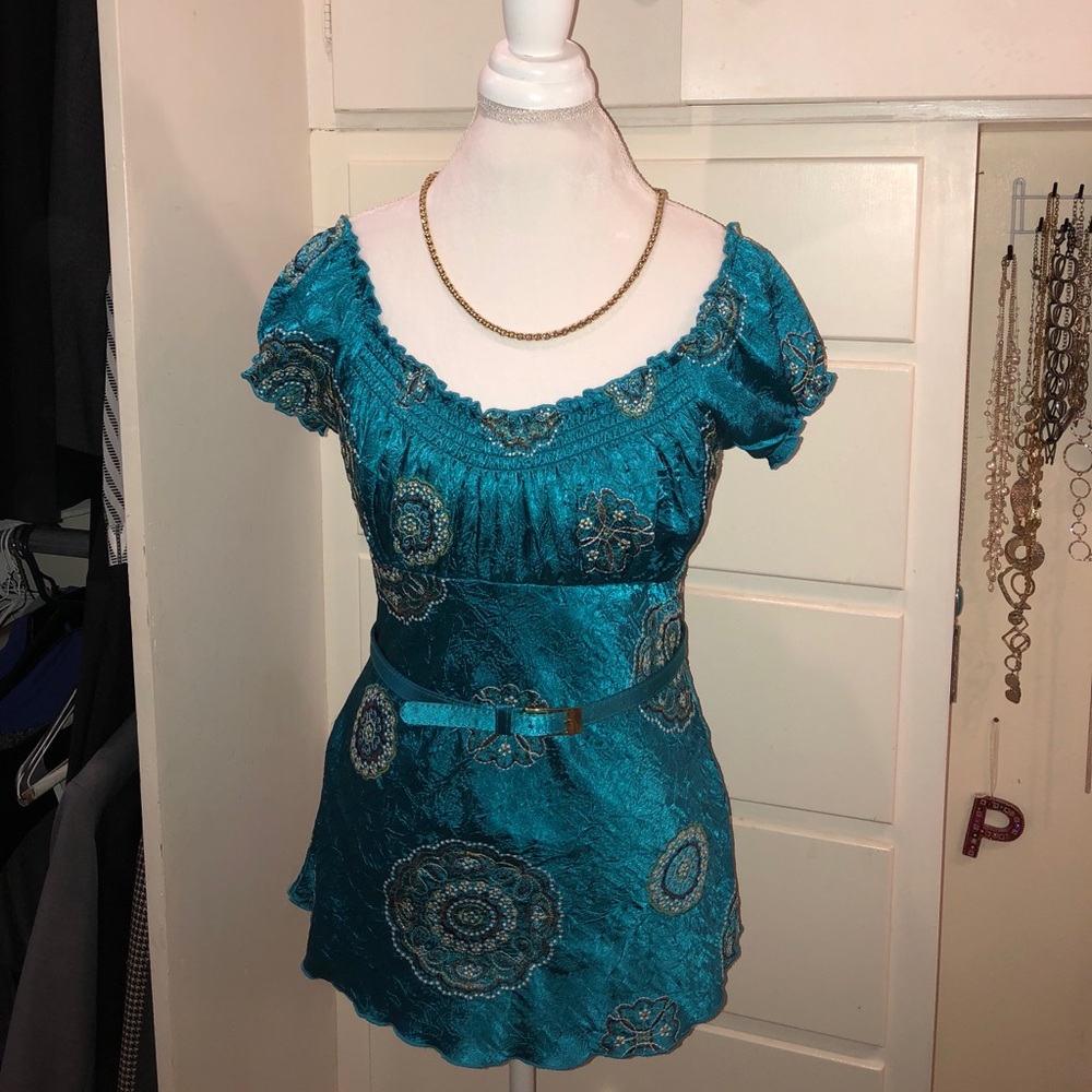 Beautiful silky teal embroidered shirt