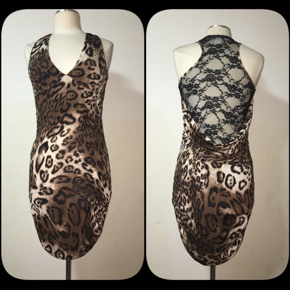 🔥💄👠LEOPARD PRINT LACE COWL BACK MINI BODYCON DRESS…Size L…NWOT…🩸👛