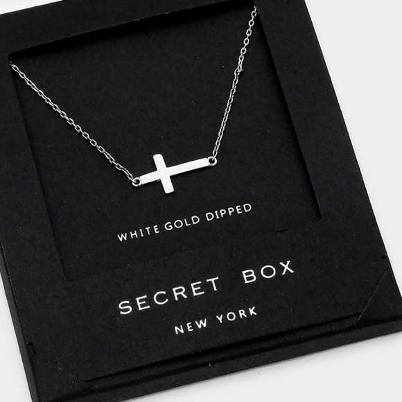 White Gold Dipped Sideways Cross Necklace Delicate