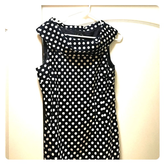 navy and polka dot dress with cowl neck