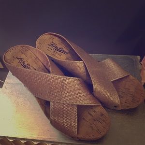 Lucky Brand Cork rose gold shimmer wedges