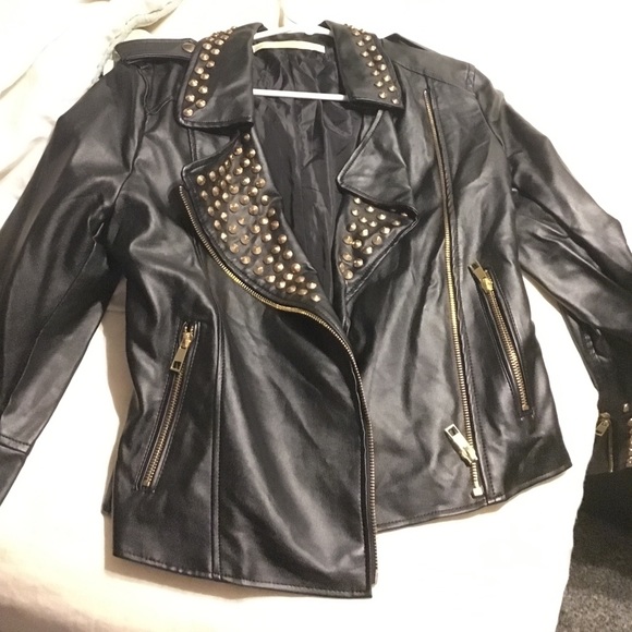 Black leather jacket with gold rhinestone