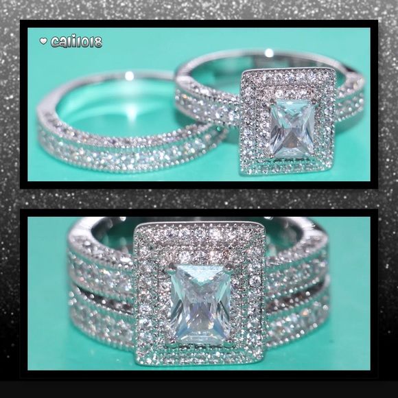 🆕2pc 14k White Gold Filled Topaz Ring Set - Picture 3 of 4