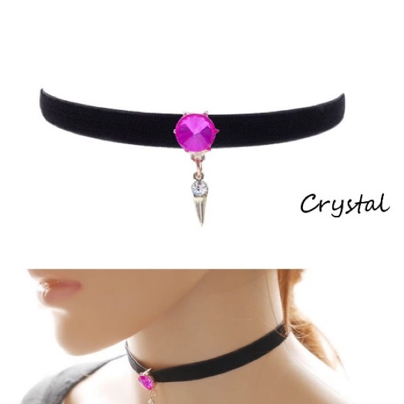 Black choker with pink crystal drop