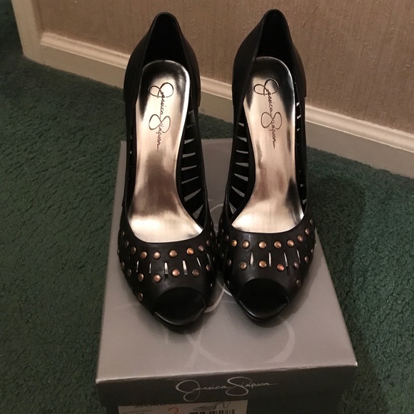 Jessica Simpson gold hardware peep toe black pump