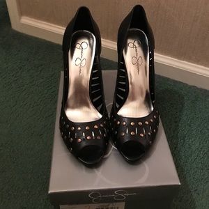 Jessica Simpson gold hardware peep toe black pump