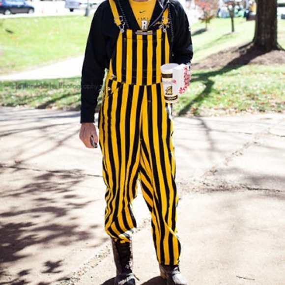 blue and yellow striped overalls