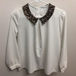 Brown Collared White Long Sleeve Top