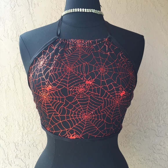 Red silver spider web mesh halter top