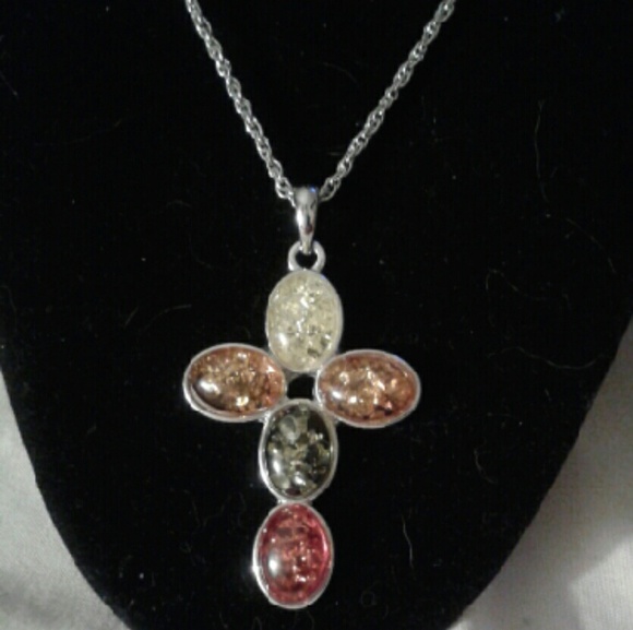 SALE  New Amber Platinum Overlay Pendant 19"Nk/Er - Picture 2 of 4