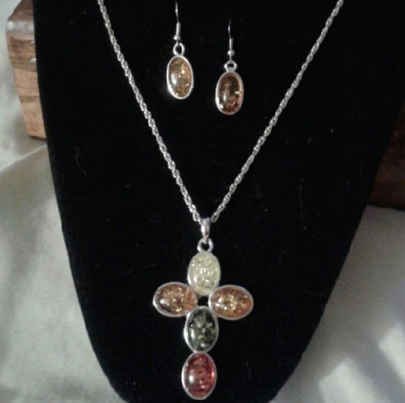 SALE  New Amber Platinum Overlay Pendant 19"Nk/Er - Picture 4 of 4