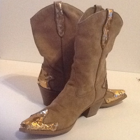 Splash Faux Camel Suede/Gold Sequin Cowboy Boots - Picture 1 of 4