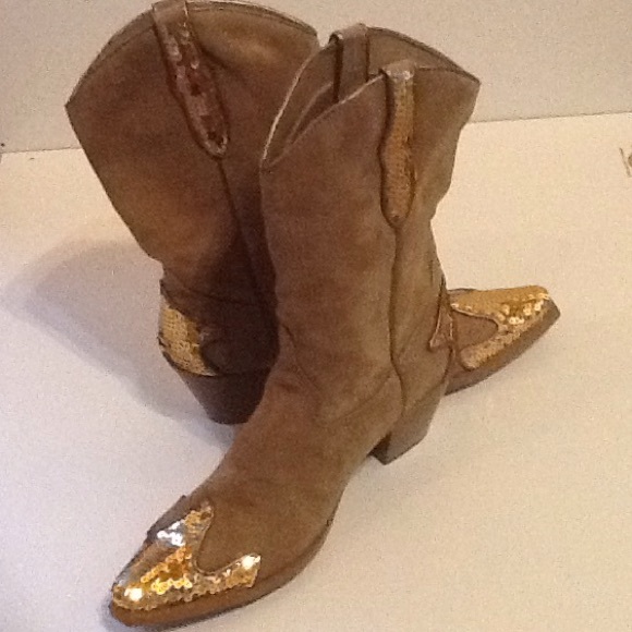 Splash Faux Camel Suede/Gold Sequin Cowboy Boots - Picture 2 of 4