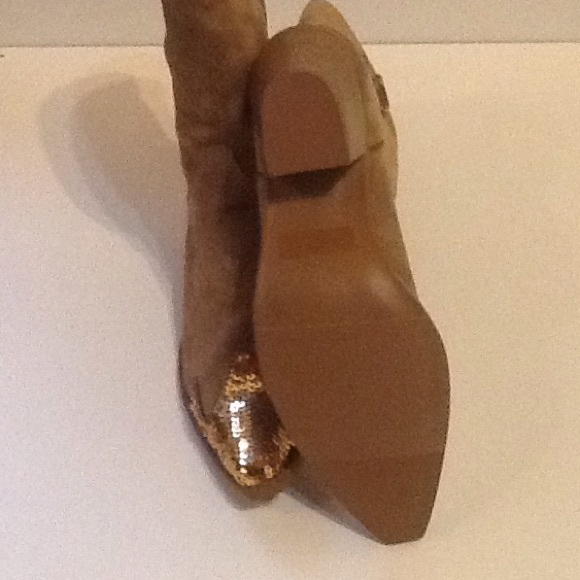 Splash Faux Camel Suede/Gold Sequin Cowboy Boots - Picture 4 of 4