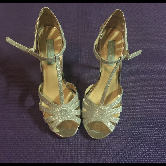 Silver glitter open toe shoes by Betsey Johnson
