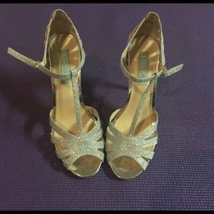 Silver glitter open toe shoes by Betsey Johnson