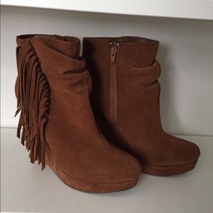 Suede fringe platform wedge booties