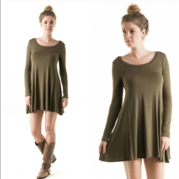 Long Sleeve Round Neck Flare Dress in Olive