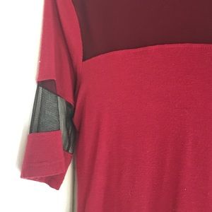 LA HEARTS sheer, red shirt.