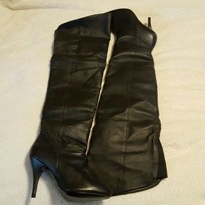 Black leather thigh high boots