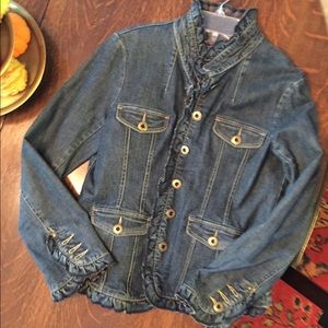 Anthropologie jean jacket with ruffles