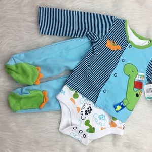Dinosaur onesie, sweater and footed pants set