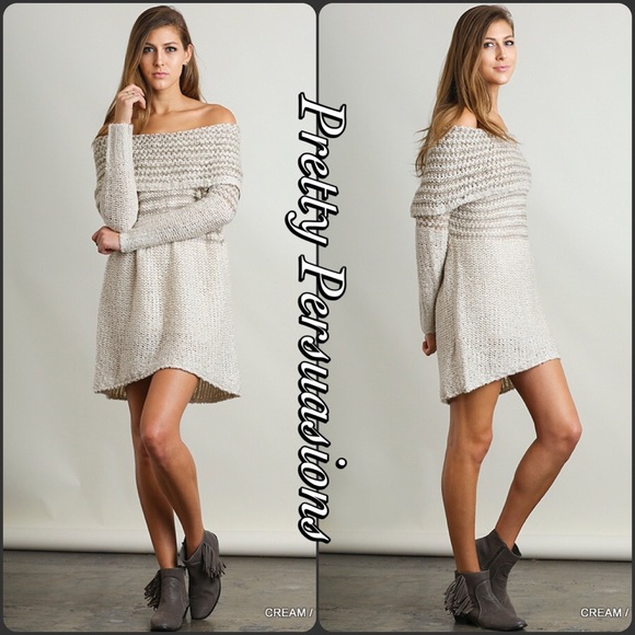 LAST ONE‼️Cream Taupe Striped Sweater Dress Tunic - Picture 2 of 4
