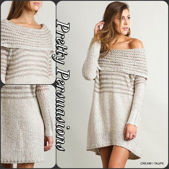 LAST ONE‼️Cream Taupe Striped Sweater Dress Tunic - Picture 4 of 4