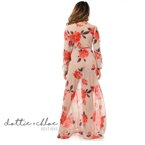 Floral Mesh Wrap Long Sleeve Maxi Dress - Picture 2 of 3