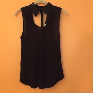 Black jeweled collar button down tank