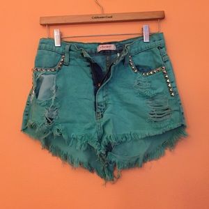 Destroyed teal dyed high waisted shorts