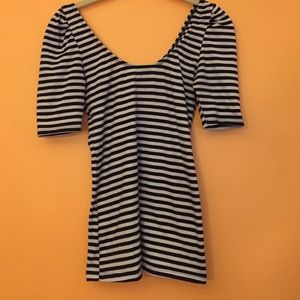 Form fitting navy and white stripped shirt