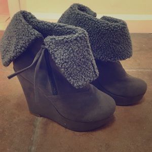 Gray suede wedge booties