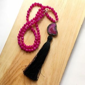 Hot pink pave tassel beaded necklace
