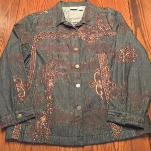 Black denim jacket with bronze embroidery