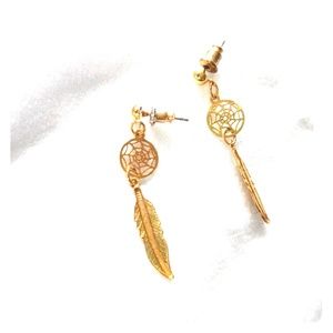 Cute gold earrings dream catcher and feather