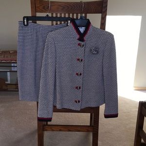 St. John skirt suit, navy and white with red trim