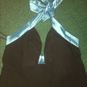 Black halter dress with blue ribbon