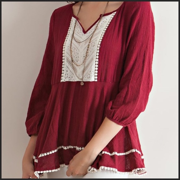 Burgundy Peplum 3/4 Sleeve Top - Picture 2 of 4