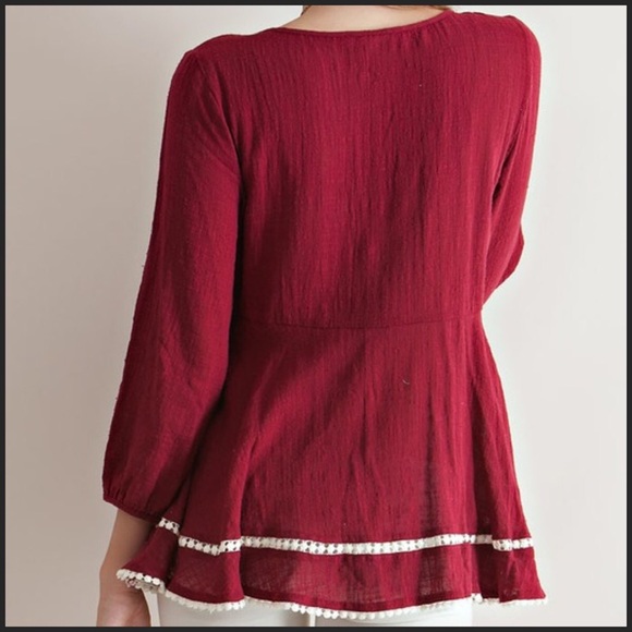 Burgundy Peplum 3/4 Sleeve Top - Picture 3 of 4