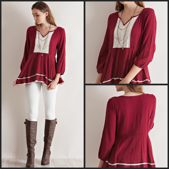 Burgundy Peplum 3/4 Sleeve Top - Picture 4 of 4