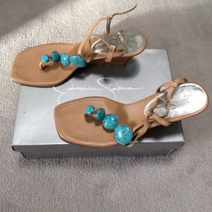 Jessica Simpson taupe wedges w/ turquoise stones