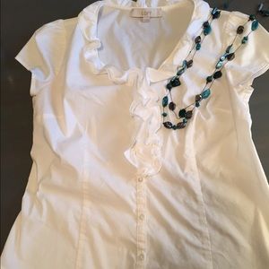 Loft button-up white shirt with ruffle collar